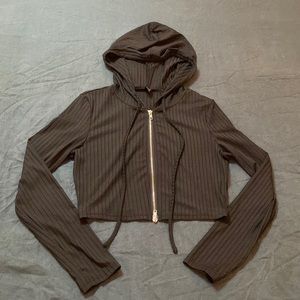 Ribbed Hooded Cropped Black Zip Up Jacket Large